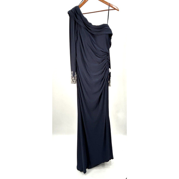 Ieena Mac Duggal Beaded Cuff Drop Shoulder Faux Wrap Gown Sz 14 Midnight NWT - Picture 4 of 16